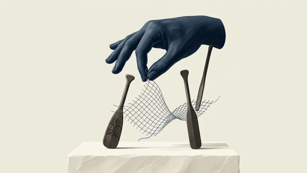 Illustration of a dark-colored hand holding a fishing net suspended between two wooden canoe paddles resting on a stone platform.