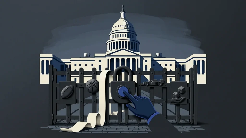 Illustration of a gloved hand locking a gate adorned with icons of a football, basketball, race car, and dice, with the U.S. Capitol building in the background.