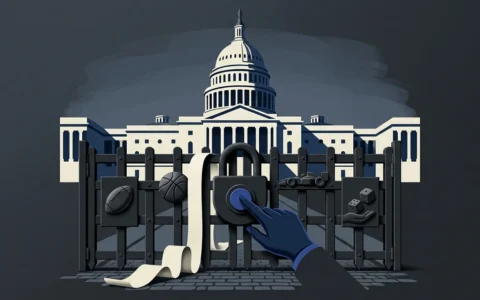 Illustration of a gloved hand locking a gate adorned with icons of a football, basketball, race car, and dice, with the U.S. Capitol building in the background.