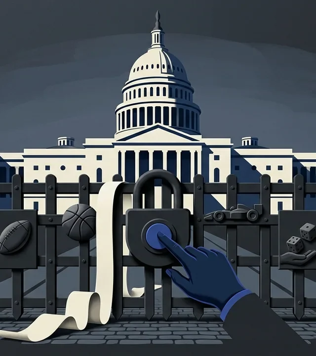 Illustration of a gloved hand locking a gate adorned with icons of a football, basketball, race car, and dice, with the U.S. Capitol building in the background.