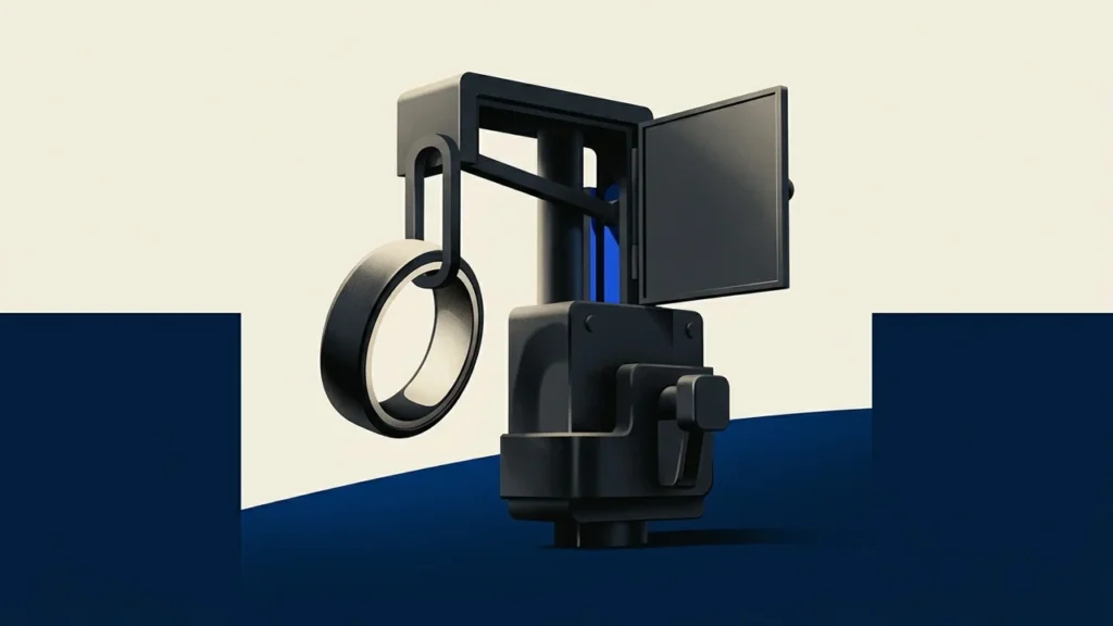 Illustration of a stylized, black, ring-shaped object suspended from a mechanical, industrial-style arm against a neutral and navy blue background.