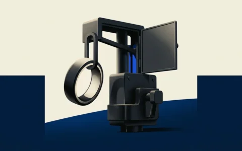 Illustration of a stylized, black, ring-shaped object suspended from a mechanical, industrial-style arm against a neutral and navy blue background.