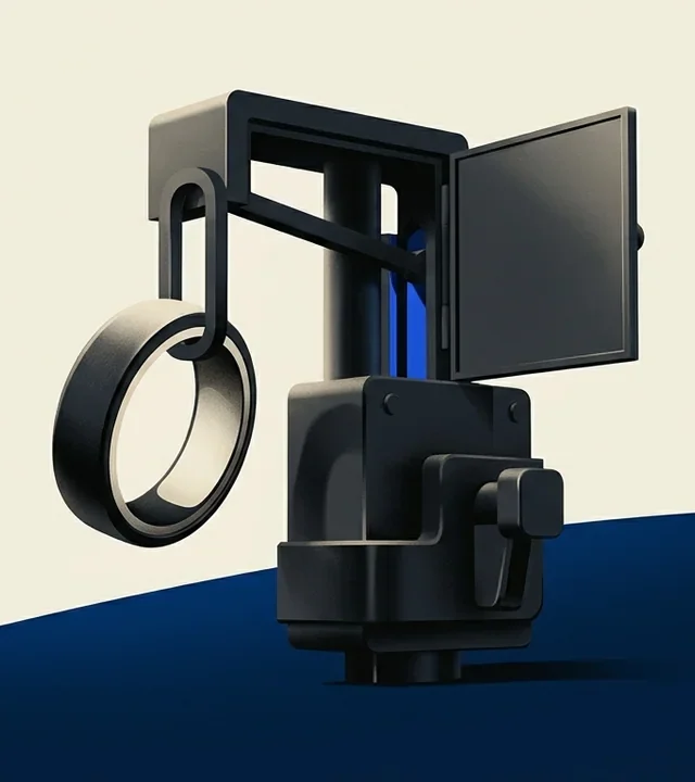 Illustration of a stylized, black, ring-shaped object suspended from a mechanical, industrial-style arm against a neutral and navy blue background.