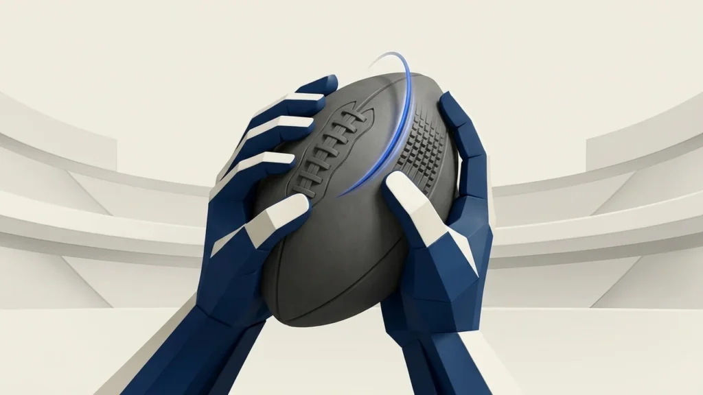 Illustration of a pair of stylized robotic or gloved hands holding an American football, centered in front of an abstract stadium backdrop with a blue light trail.