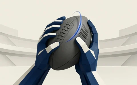 Illustration of a pair of stylized robotic or gloved hands holding an American football, centered in front of an abstract stadium backdrop with a blue light trail.