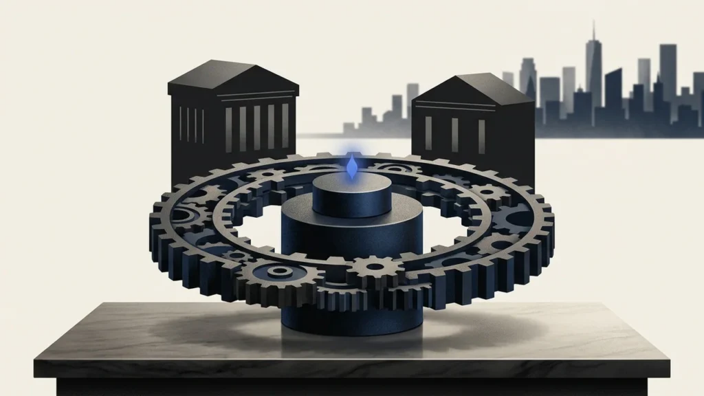 Illustration of a complex system of interconnected dark gray mechanical gears centered on a platform, with stylized silhouettes of two classic-style institutional buildings and a distant city skyline in the background.