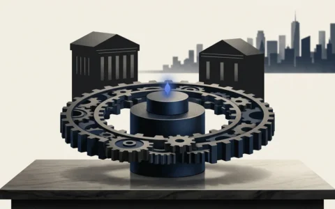 Illustration of a complex system of interconnected dark gray mechanical gears centered on a platform, with stylized silhouettes of two classic-style institutional buildings and a distant city skyline in the background.