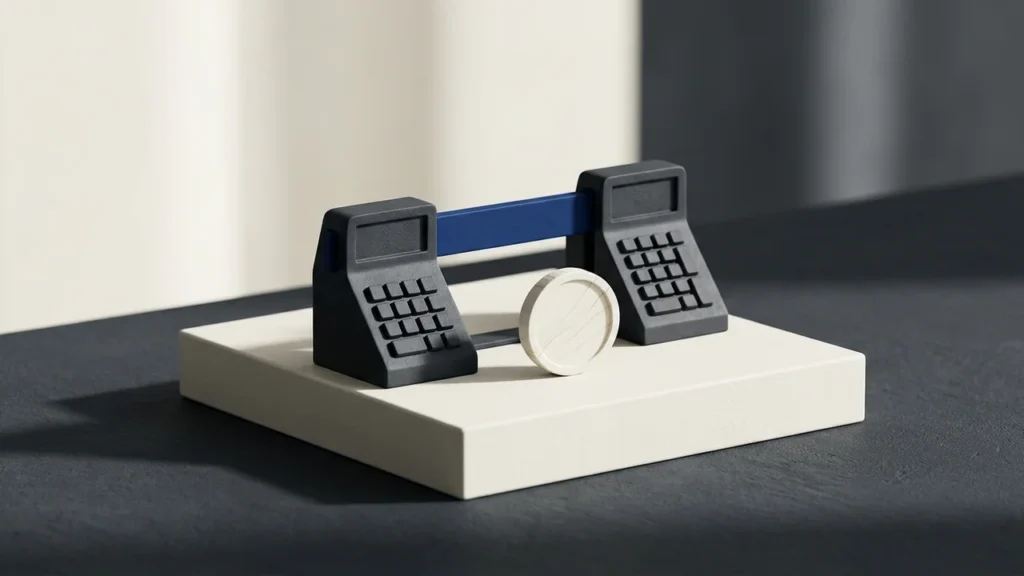 Illustration of two stylized dark gray calculator-like blocks connected by a blue horizontal bar, with a pale circular coin-shaped object standing on a white pedestal.