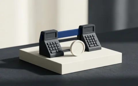 Illustration of two stylized dark gray calculator-like blocks connected by a blue horizontal bar, with a pale circular coin-shaped object standing on a white pedestal.