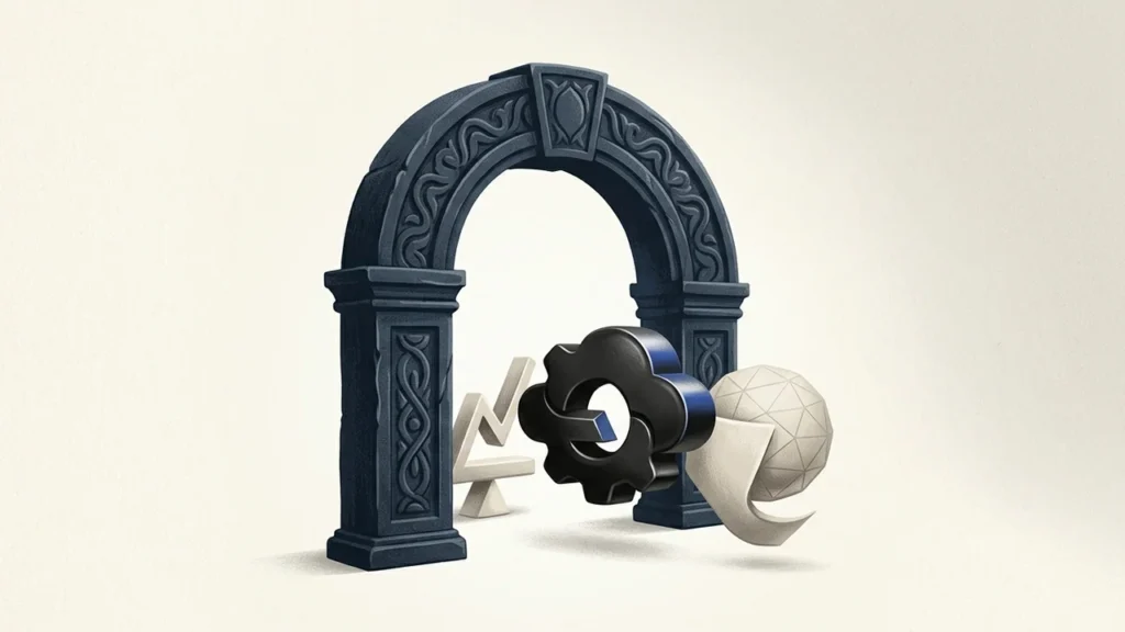 Illustration of a dark stone archway framing a floating gear, a geometric sphere, and an abstract upward-trending line shape against a neutral background.