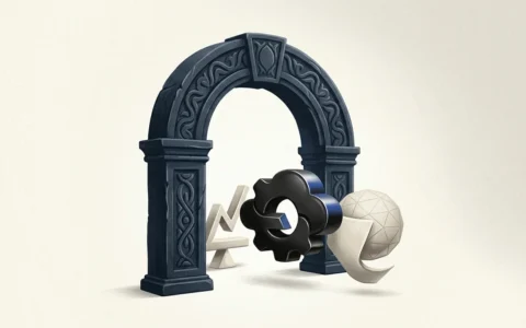 Illustration of a dark stone archway framing a floating gear, a geometric sphere, and an abstract upward-trending line shape against a neutral background.