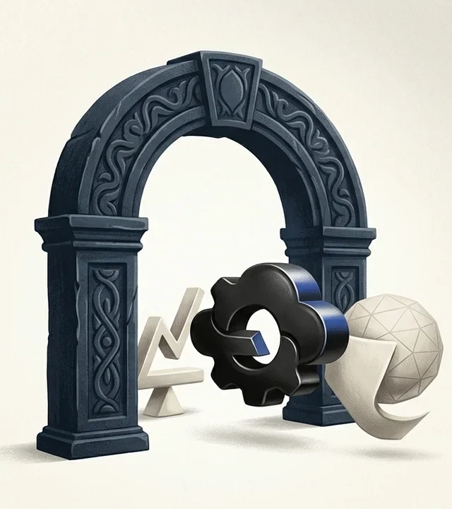 Illustration of a dark stone archway framing a floating gear, a geometric sphere, and an abstract upward-trending line shape against a neutral background.