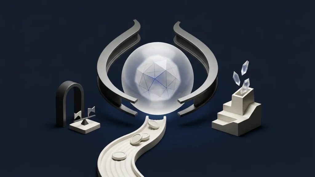 Illustration of a central glass orb containing a geometric structure, flanked by abstract architectural elements and a winding path with coin-like shapes on a dark background.