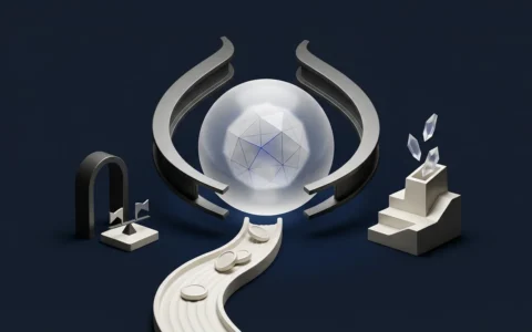 Illustration of a central glass orb containing a geometric structure, flanked by abstract architectural elements and a winding path with coin-like shapes on a dark background.