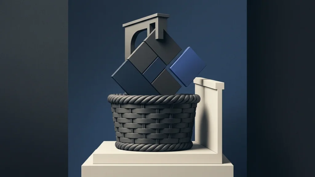 Illustration of a woven dark gray basket containing a cluster of dark blue and gray geometric blocks on a pedestal.