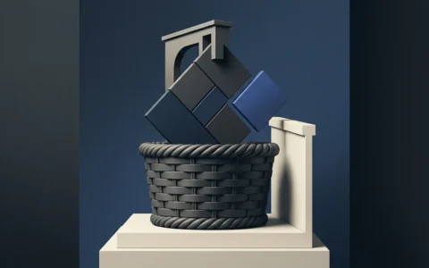 Illustration of a woven dark gray basket containing a cluster of dark blue and gray geometric blocks on a pedestal.