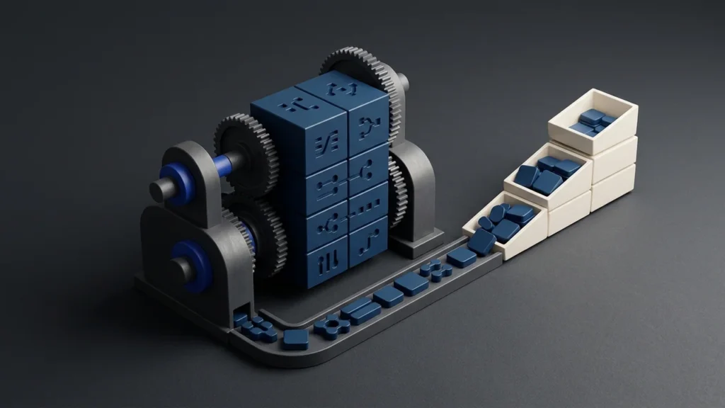 Illustration of a mechanical assembly line where blue data blocks are processed by gear-driven machinery and sorted into white bins.