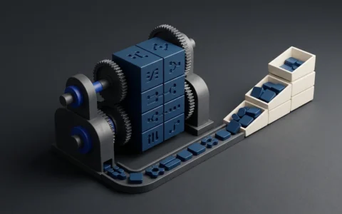 Illustration of a mechanical assembly line where blue data blocks are processed by gear-driven machinery and sorted into white bins.